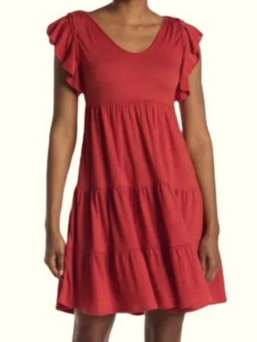 Max Studio Tiered Babydoll Dress Red Small EUC Flutter Ruffle Sleeve